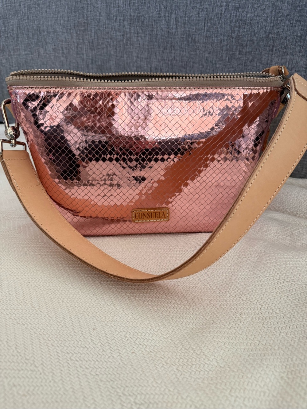 Consuela Metallic Rose Gold Crossbody with Tan Strap- Your way ~ Grace